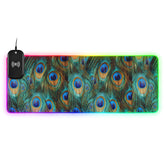 Colorful Peacock Feathers Wireless Charging Mouse Pad for Mobile Phone Extra Large Gaming Mousepad with 13 Lighting Modes Computer Mat for Gaming MacBook PC Laptop Desk Home Office